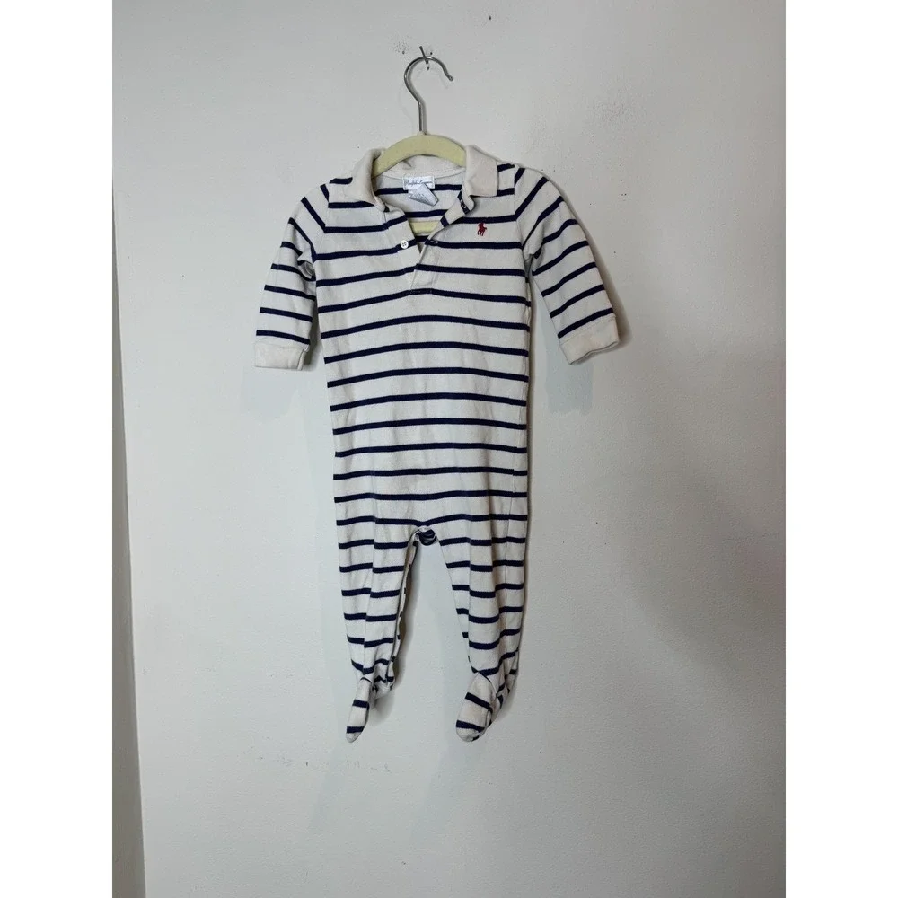 Ralph Lauren Footed Coverall Baby Boys 6-9 Months White Navy‎ Stripe One Piece